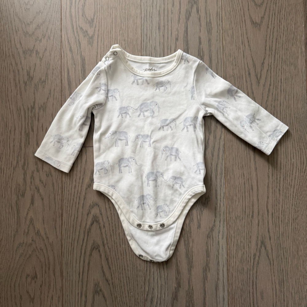 Pehr - Neutral Elephant Print Long Sleeve Baby Bodysuit 6-12m